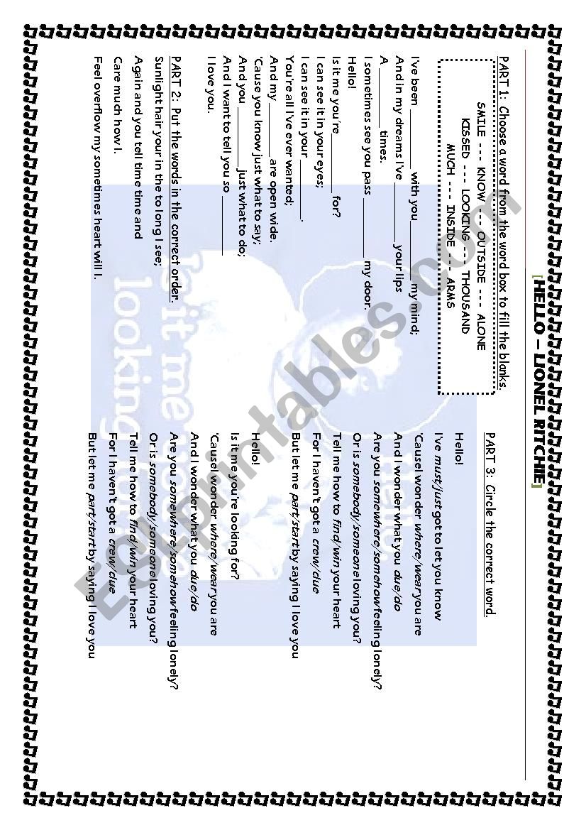 Hello by Lionel Ritchie - Song Worksheet