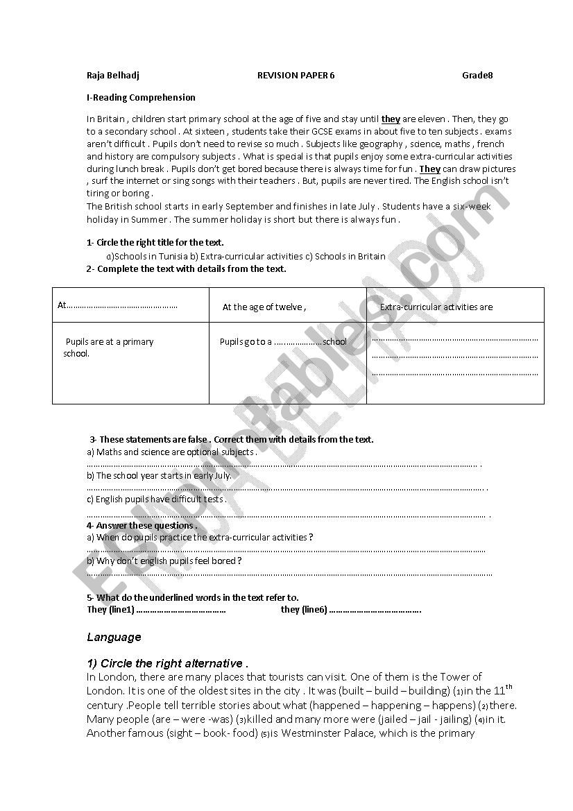 revision sheet grade 8 tunisian program