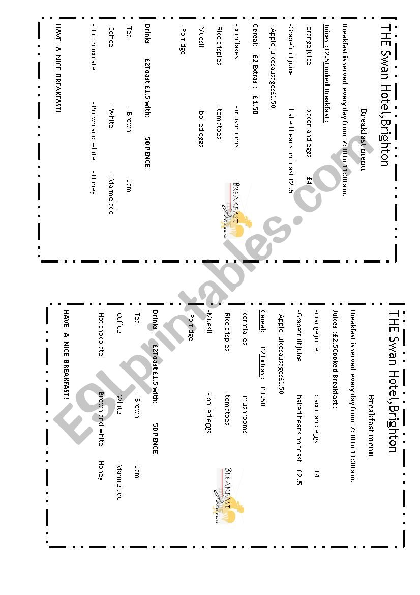 breakfast menu worksheet