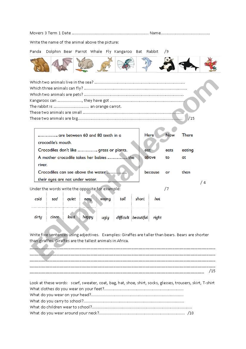 Cambridge Movers Term 1 test units 1 to 8