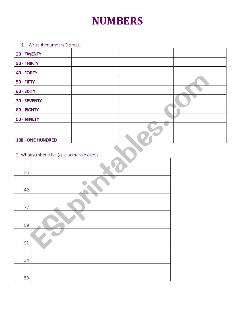 Numbers exercise - 20 to 100 worksheet