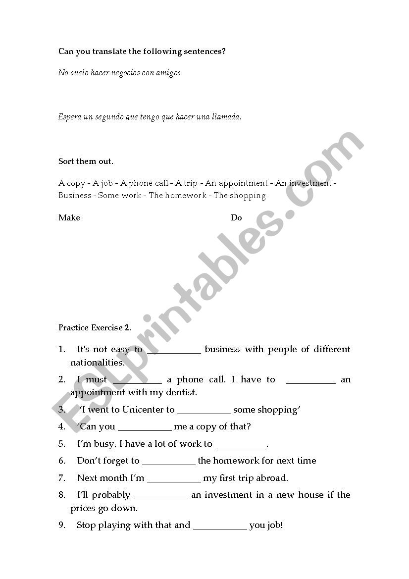 Make or Do exercise worksheet