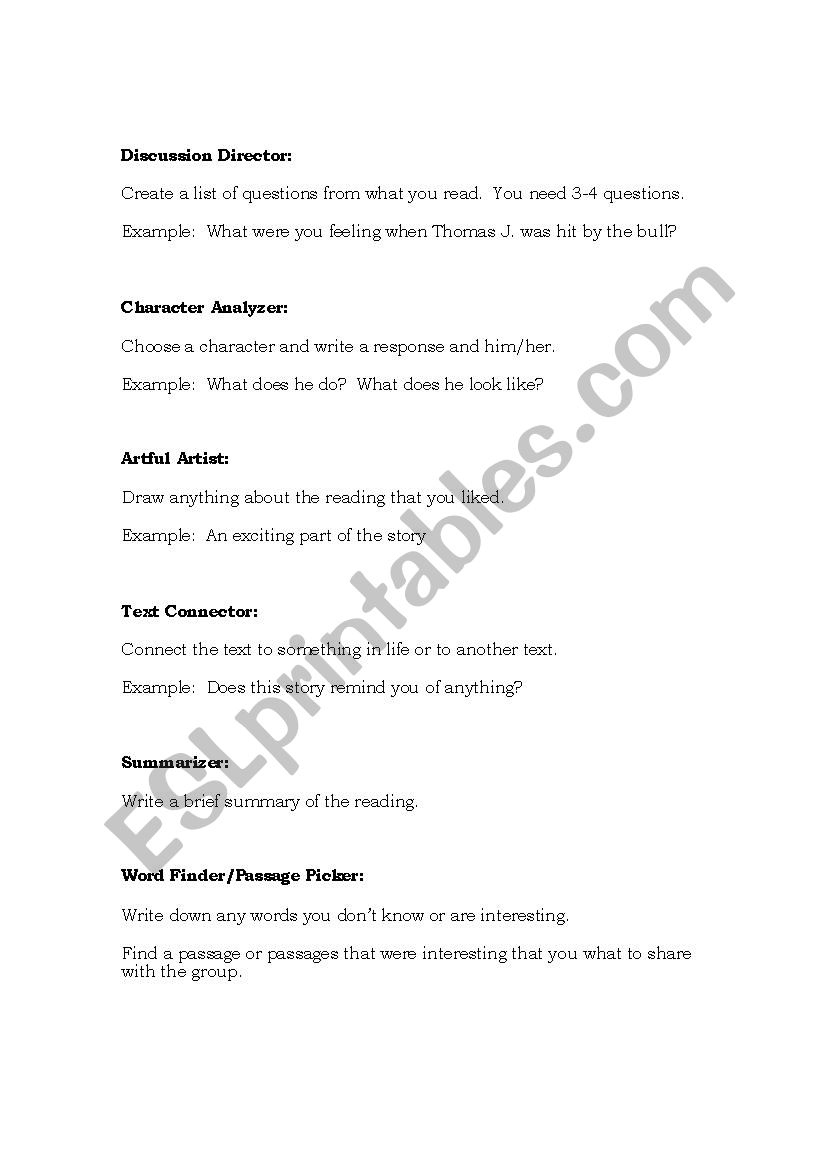 Literature Circle Roles worksheet