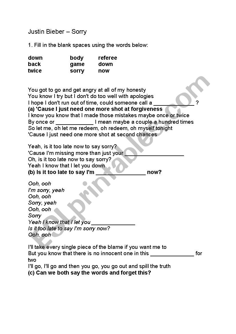 Justin Bieber - Sorry worksheet