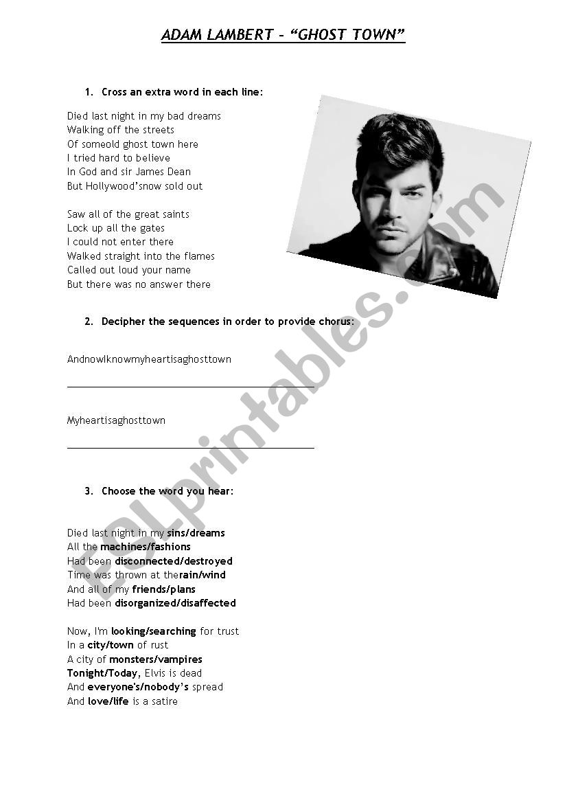 Adam Lambert -  Ghost Town worksheet