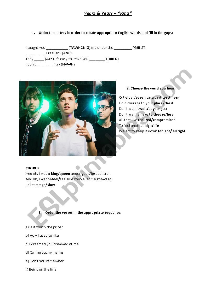 Years & Years - King worksheet