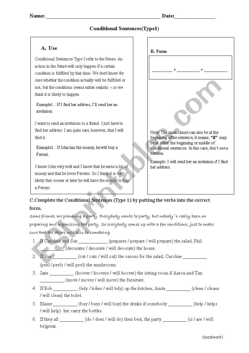 If clauses - Type 1 exercises worksheet