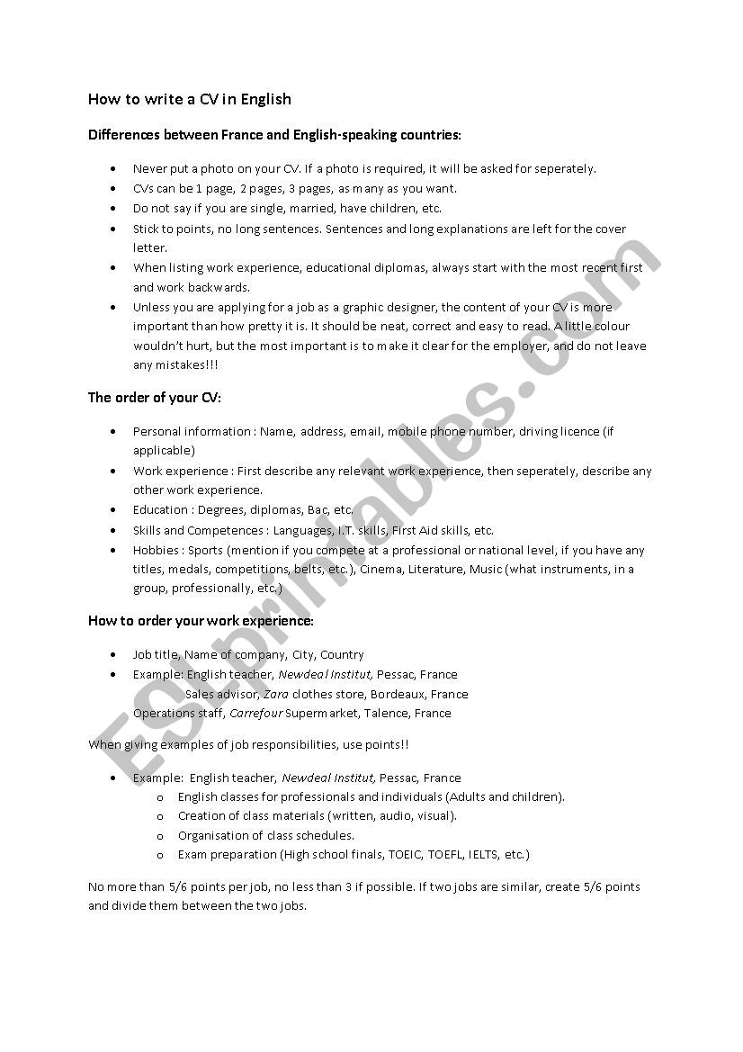 How to write a CV in English worksheet