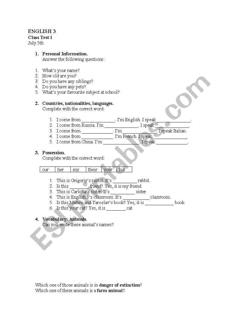 test worksheet