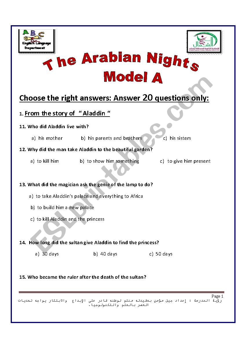 Questions on Aladin Story - from Arabian Nights  