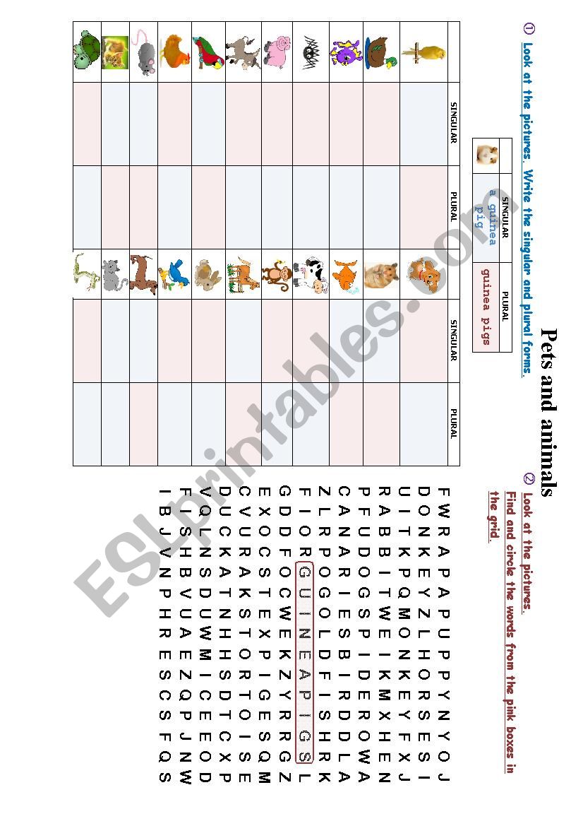 Pets and animals wordsearch worksheet