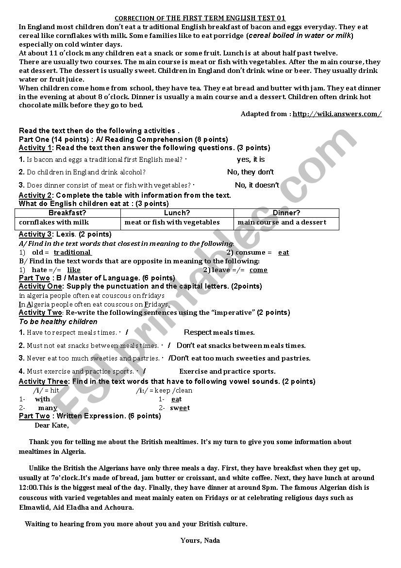 CORRECTION OF THE FIRST TERM ENGLISH TEST 01