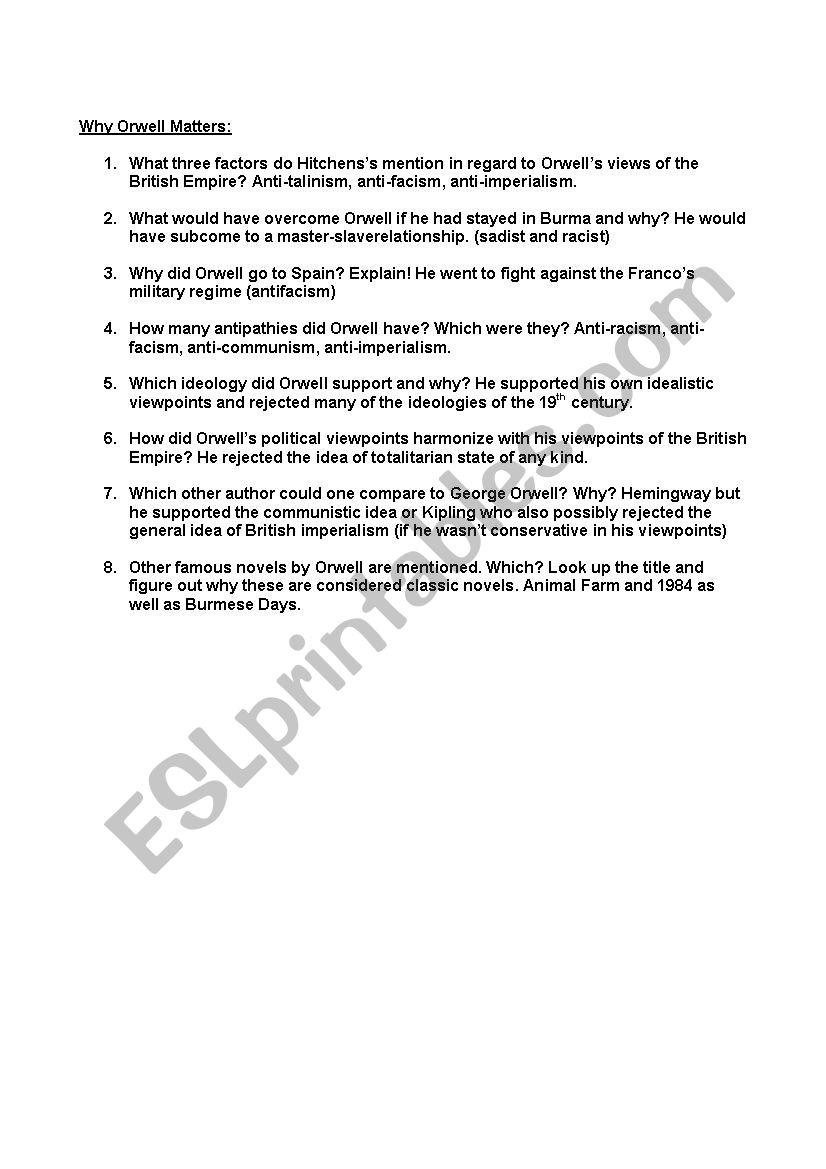 Why Orwell Matters worksheet