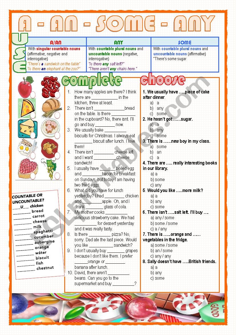 A - An - Some - Any worksheet