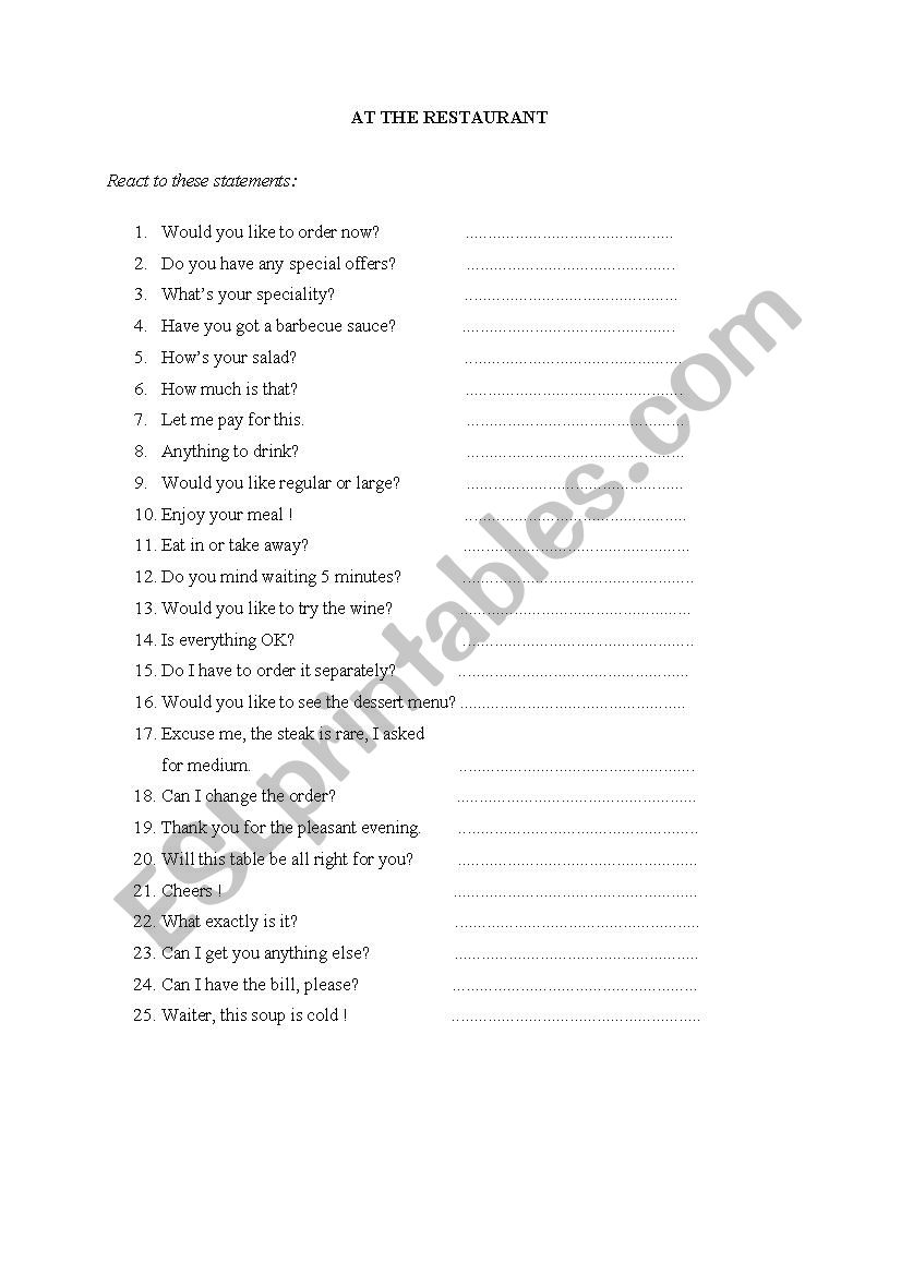 AT THE RESTAURANT worksheet