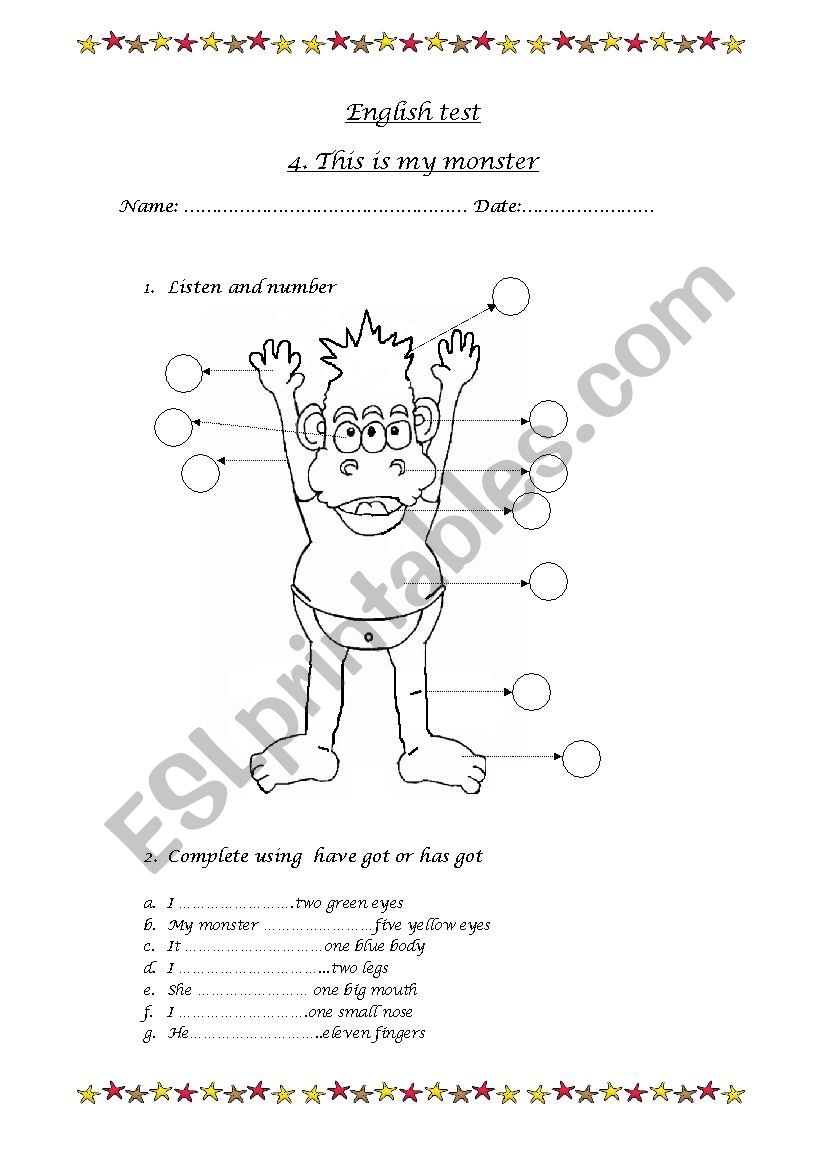 Body parts test worksheet