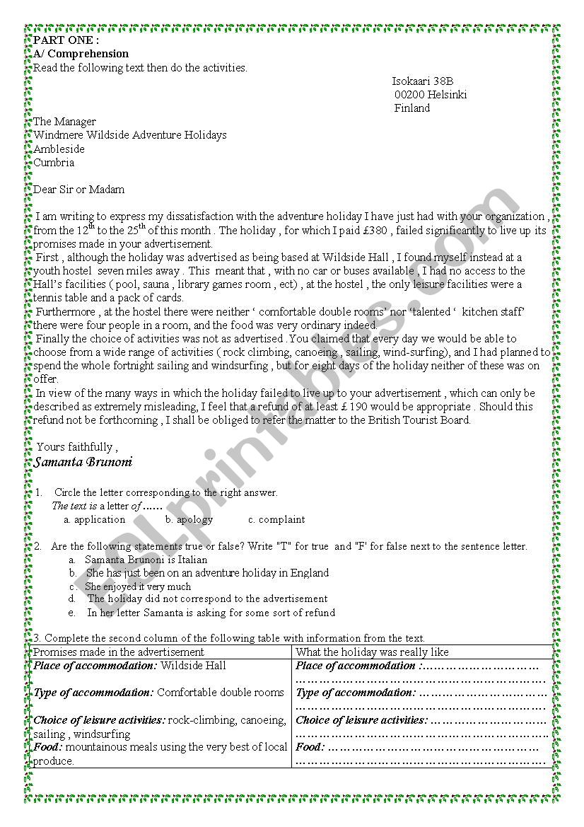 letter of complaint test worksheet