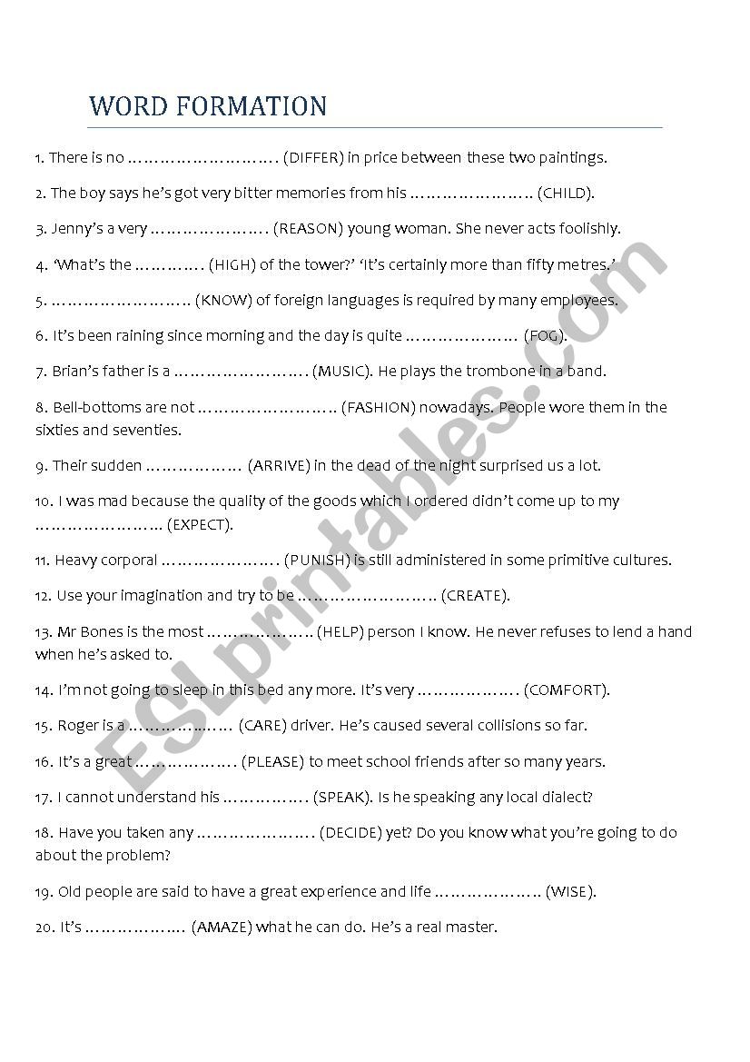 word formation part 1 worksheet