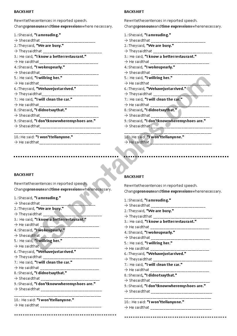 Reported Speech - Backshift worksheet