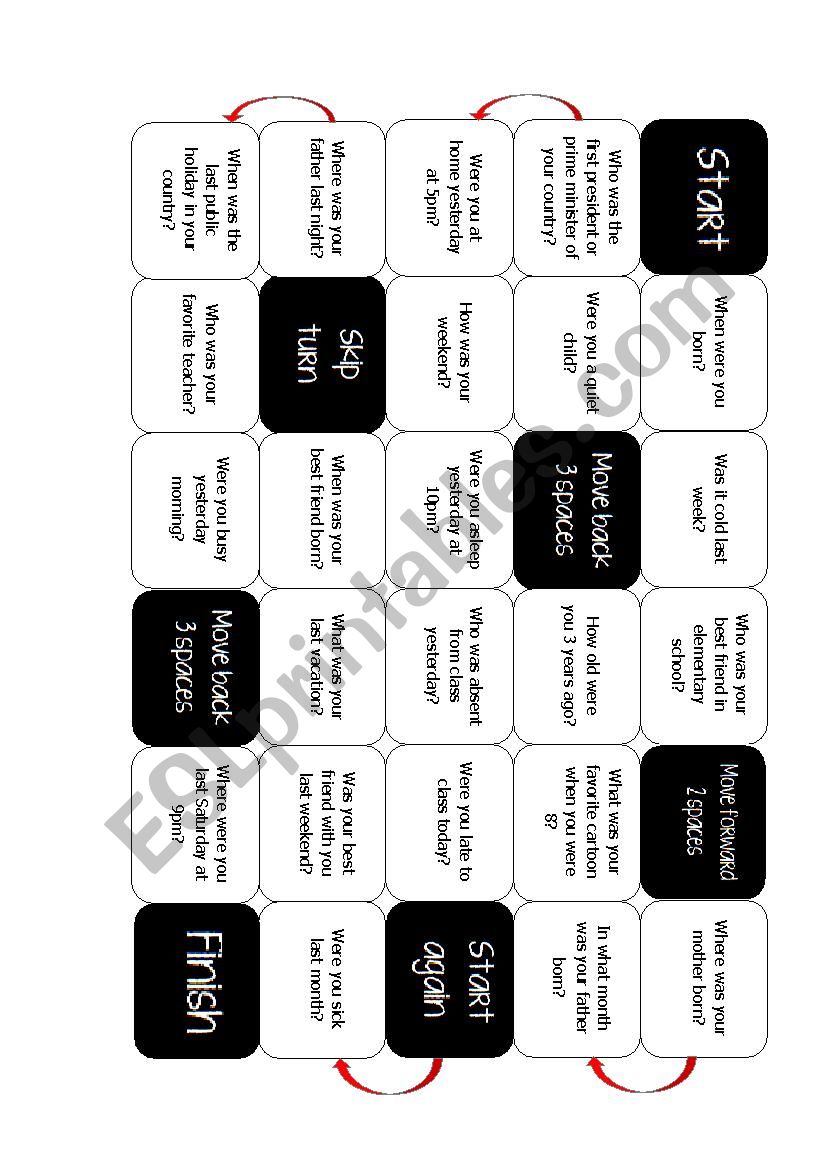 Was Were Boardgame worksheet