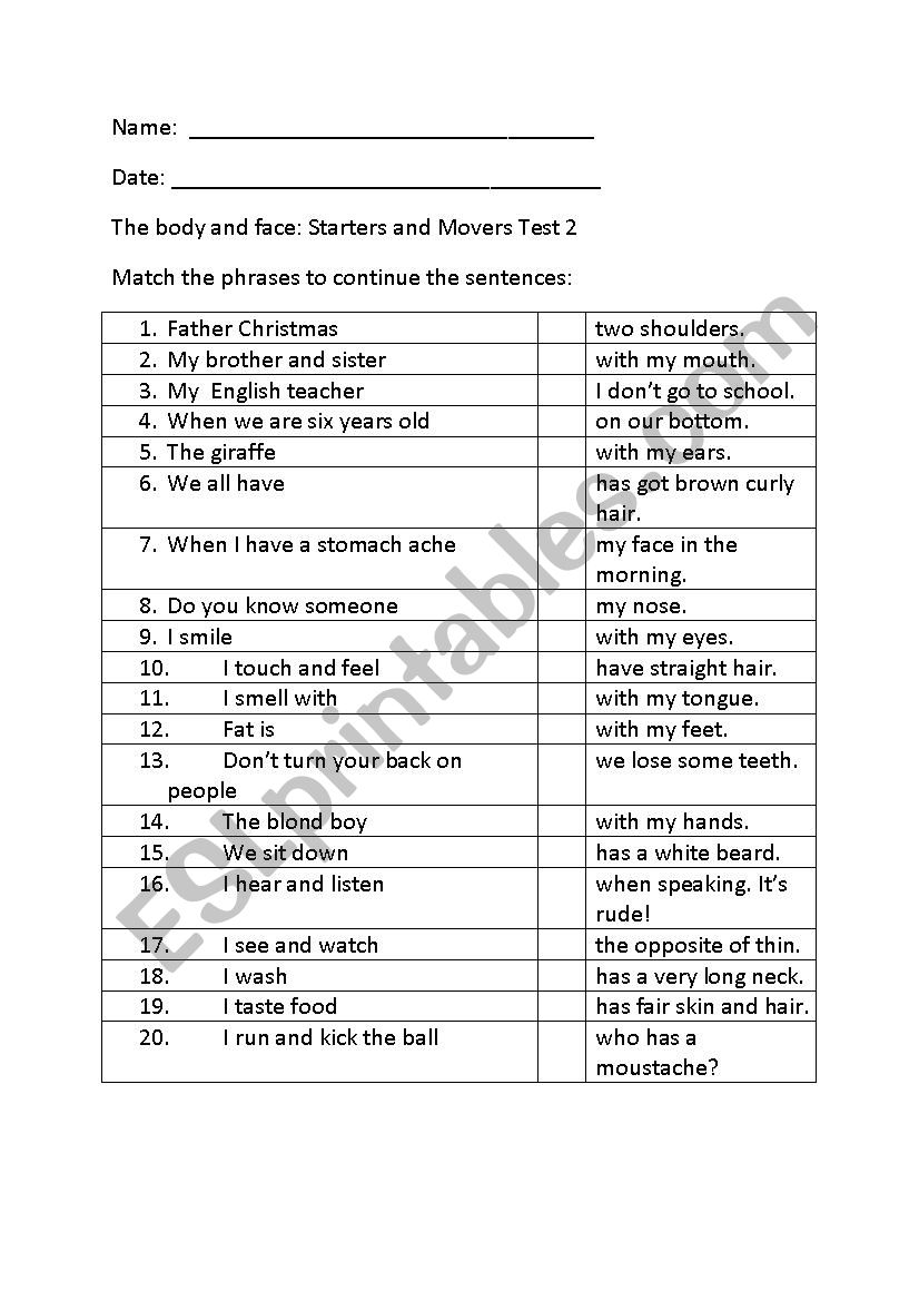 Body and Face  worksheet