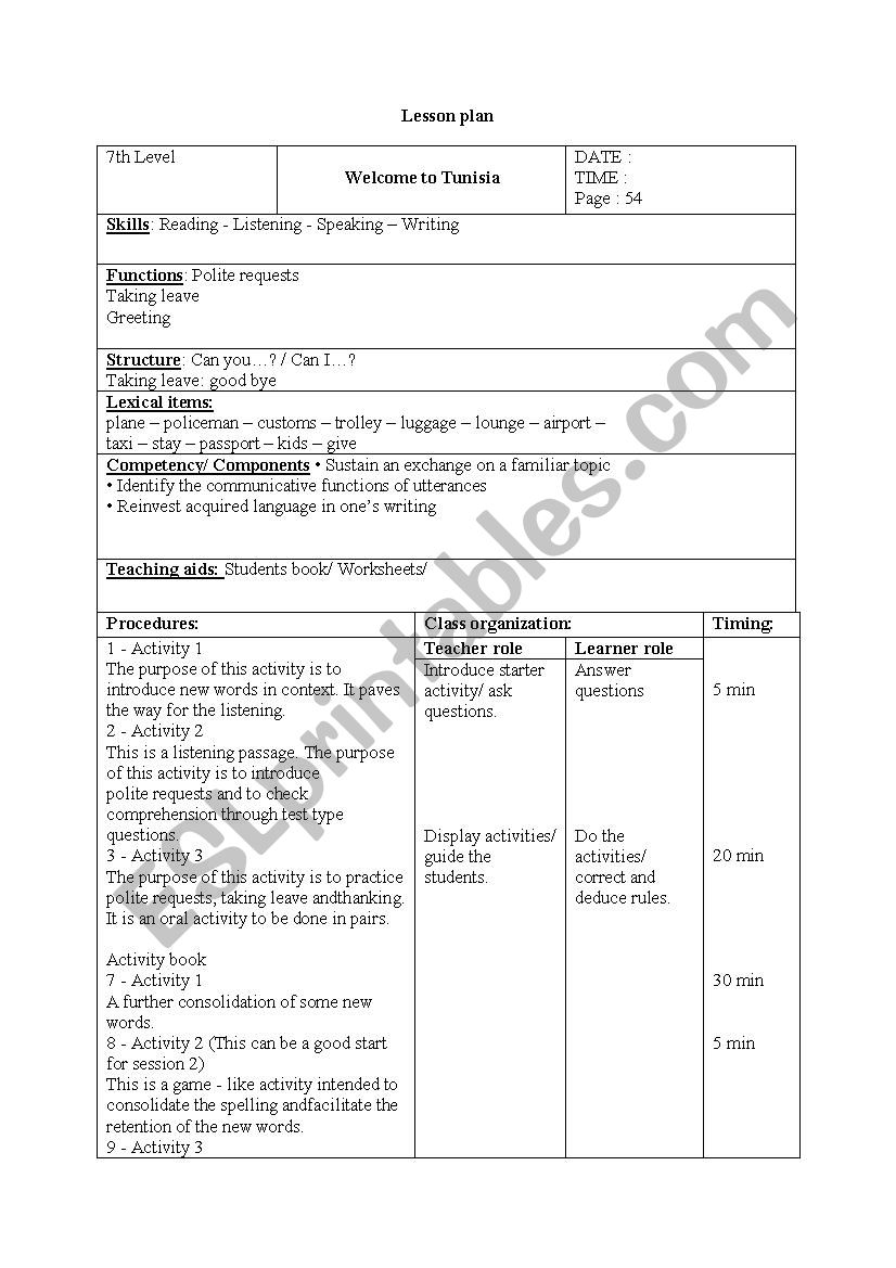 welcome to tunisia worksheet