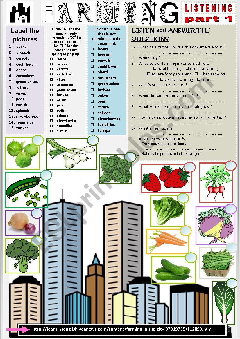 Listening - URBAN FARMING part 1 - Comprehension questions + Link.