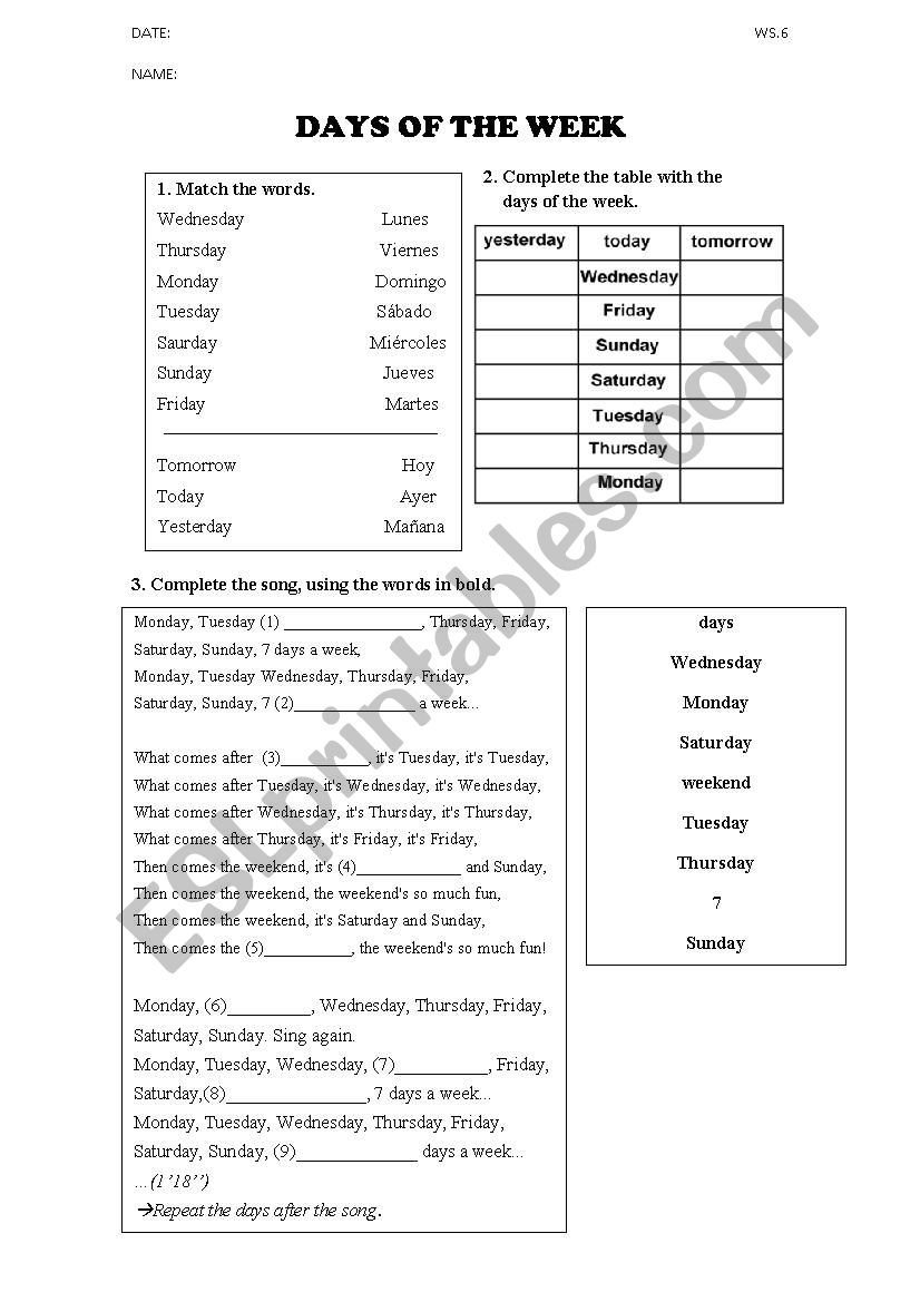 Days of the week worksheet