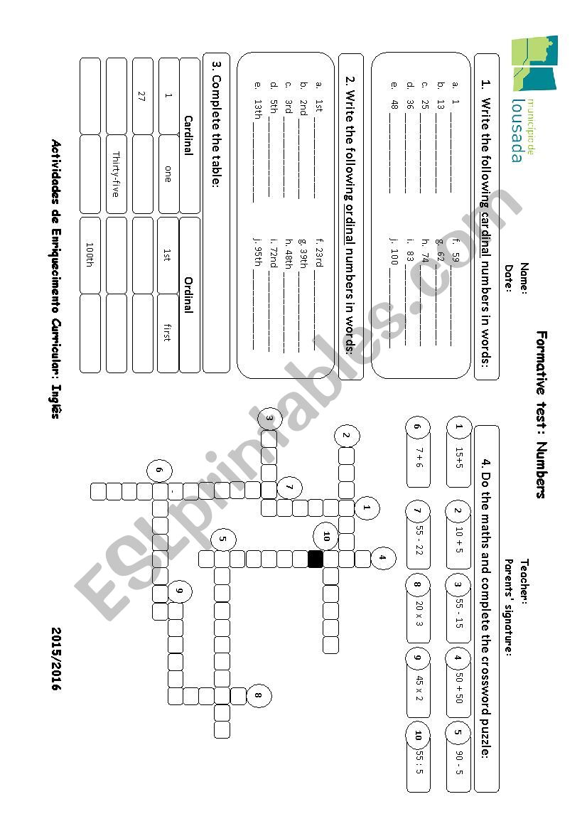 Formative test worksheet