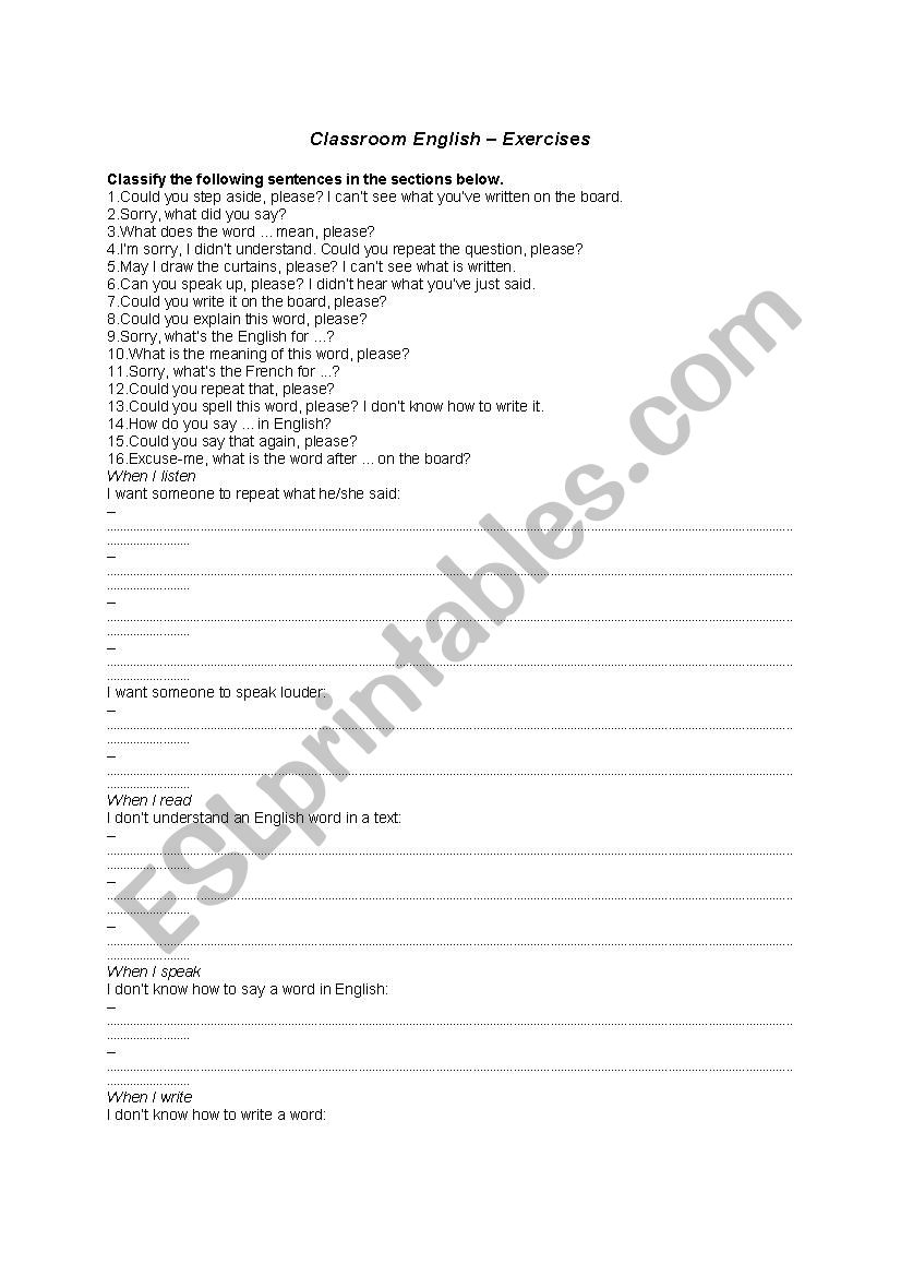 CLASSROOM ENGLISH EXERCICE worksheet