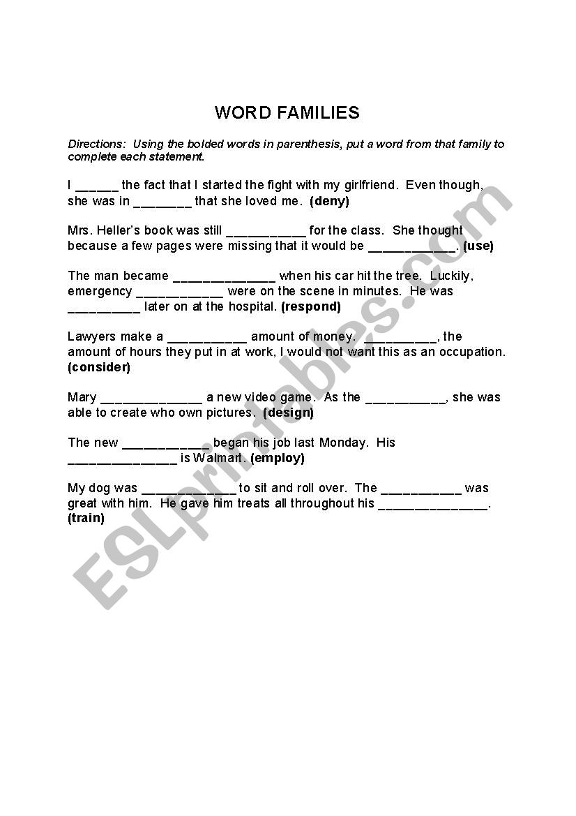 Word Families worksheet