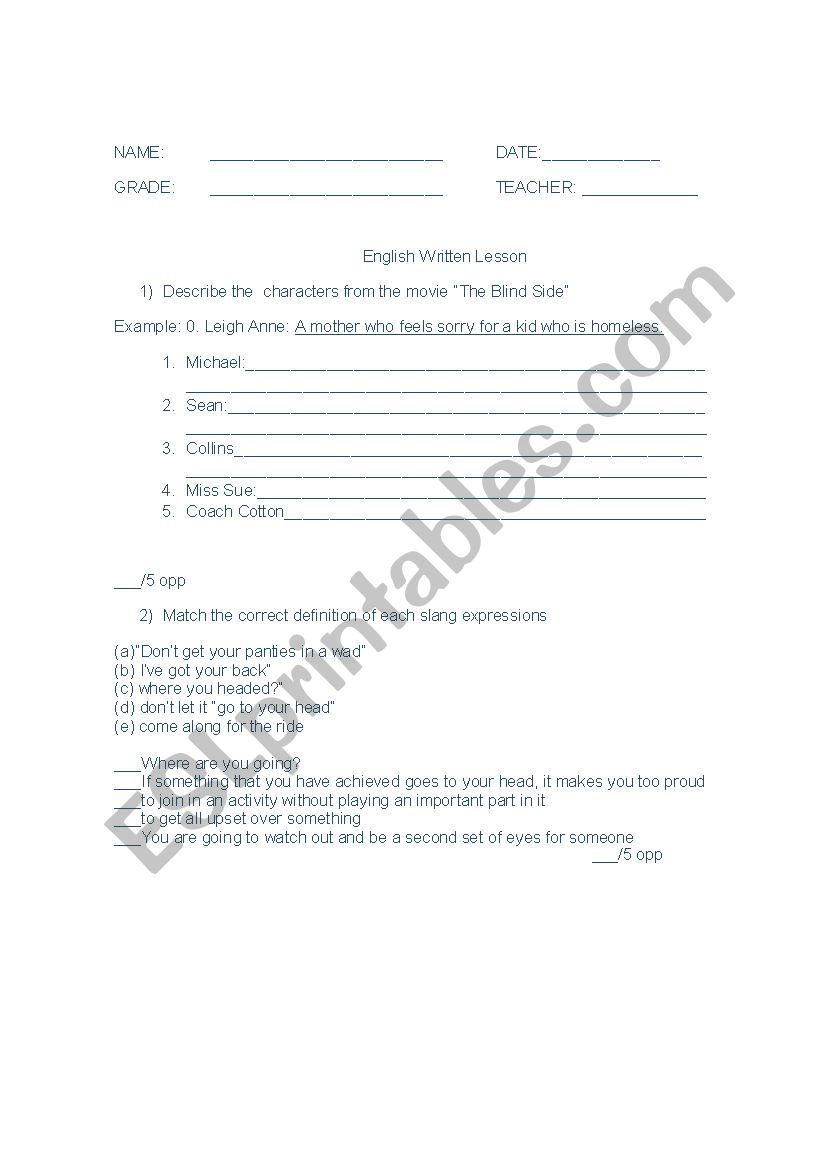 worksheet THE BLIND SIDE worksheet