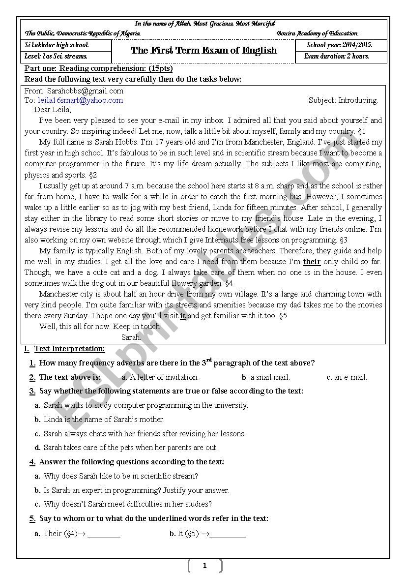 An exam paper for first year students Algerian syllabus