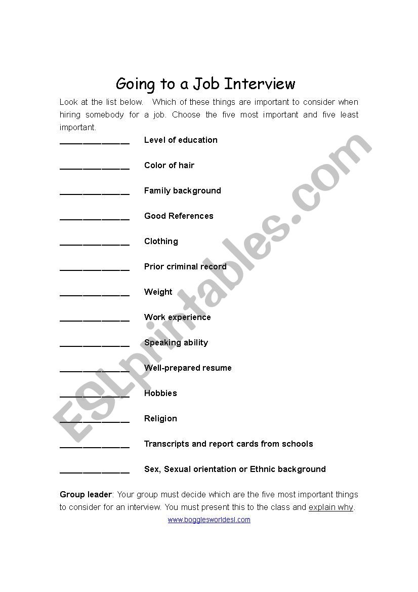 Job Interview worksheet