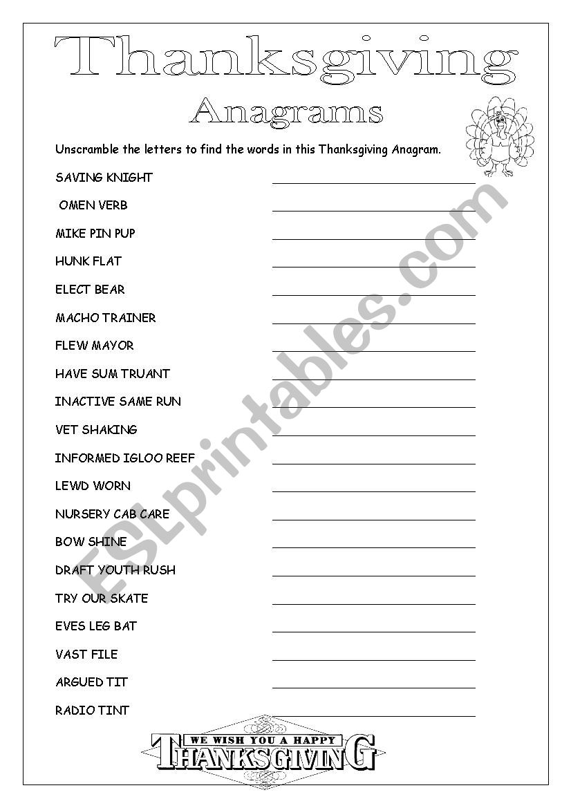 Thanksgiving Anagrams worksheet