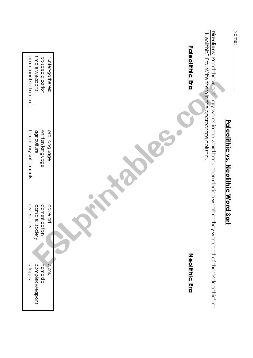 Paleolithic to Neolithic vocabulary sort