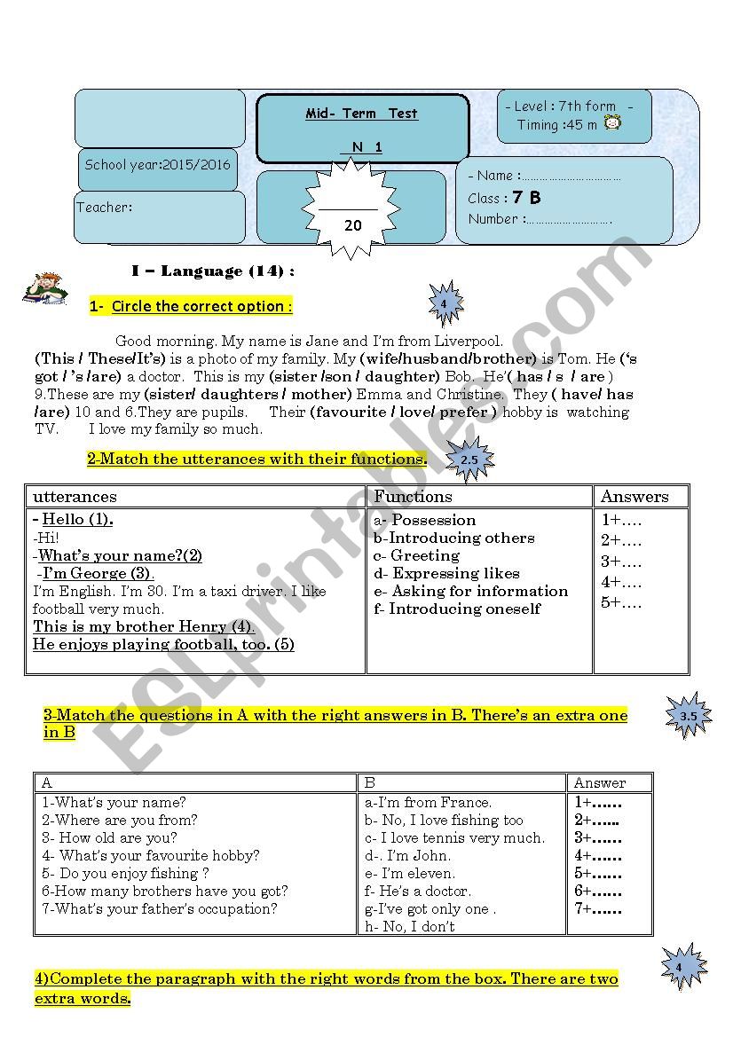  mid- term test  worksheet