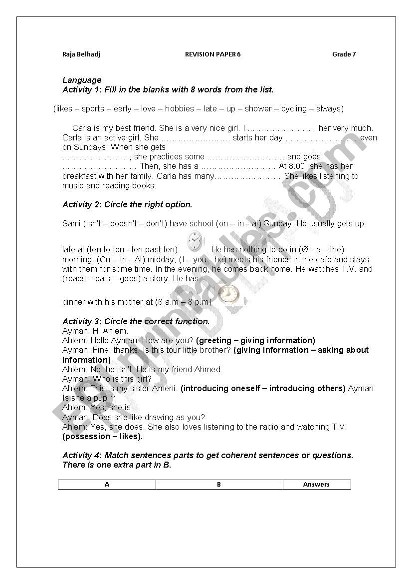 7TH FORM tUNISIAN PROGRAM worksheet