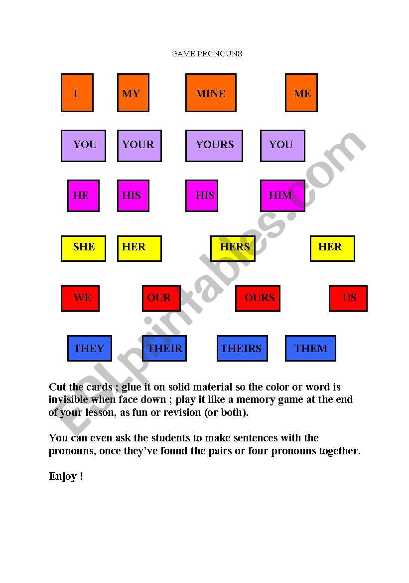 reviewing pronouns - memory game