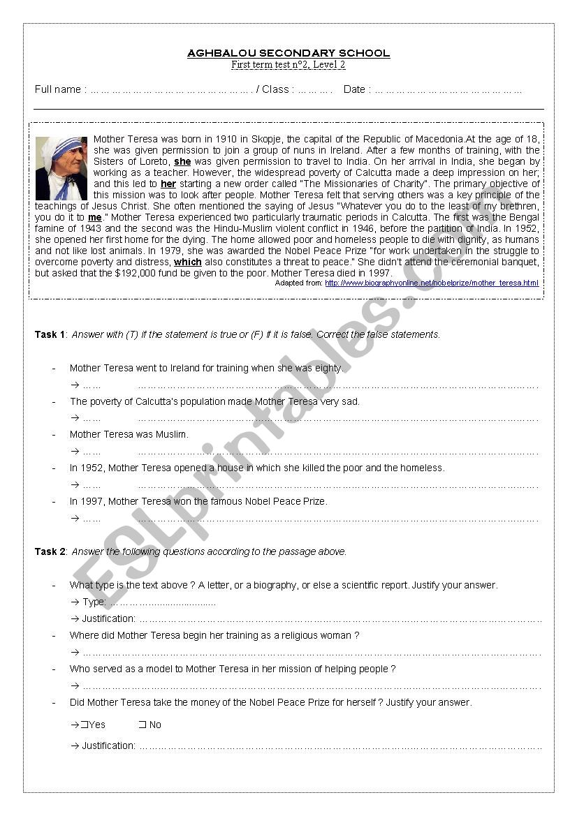 First term test nÂ° - Level 2 worksheet