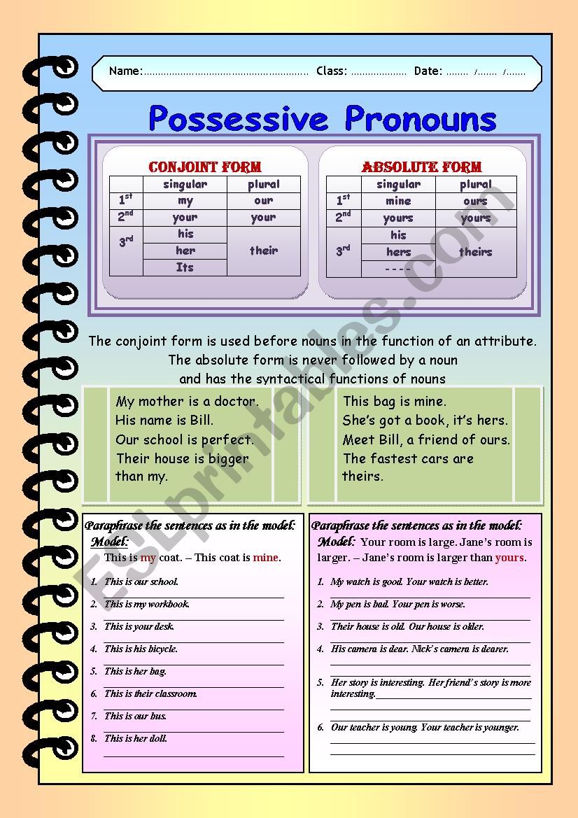 Posessive Pronouns Worksheet