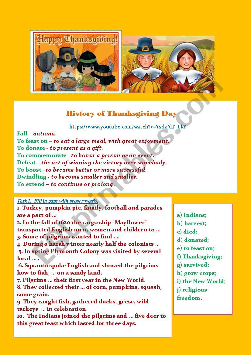 History of Thanksgiving Day worksheet
