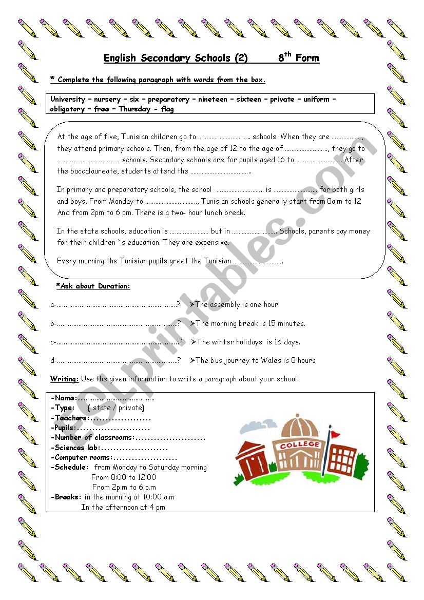 English secondary schools 2 worksheet