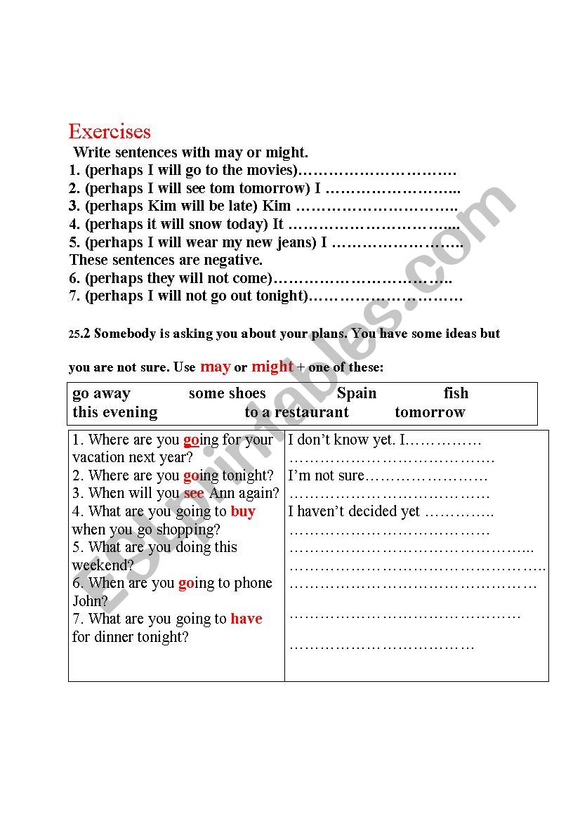 exercises worksheet