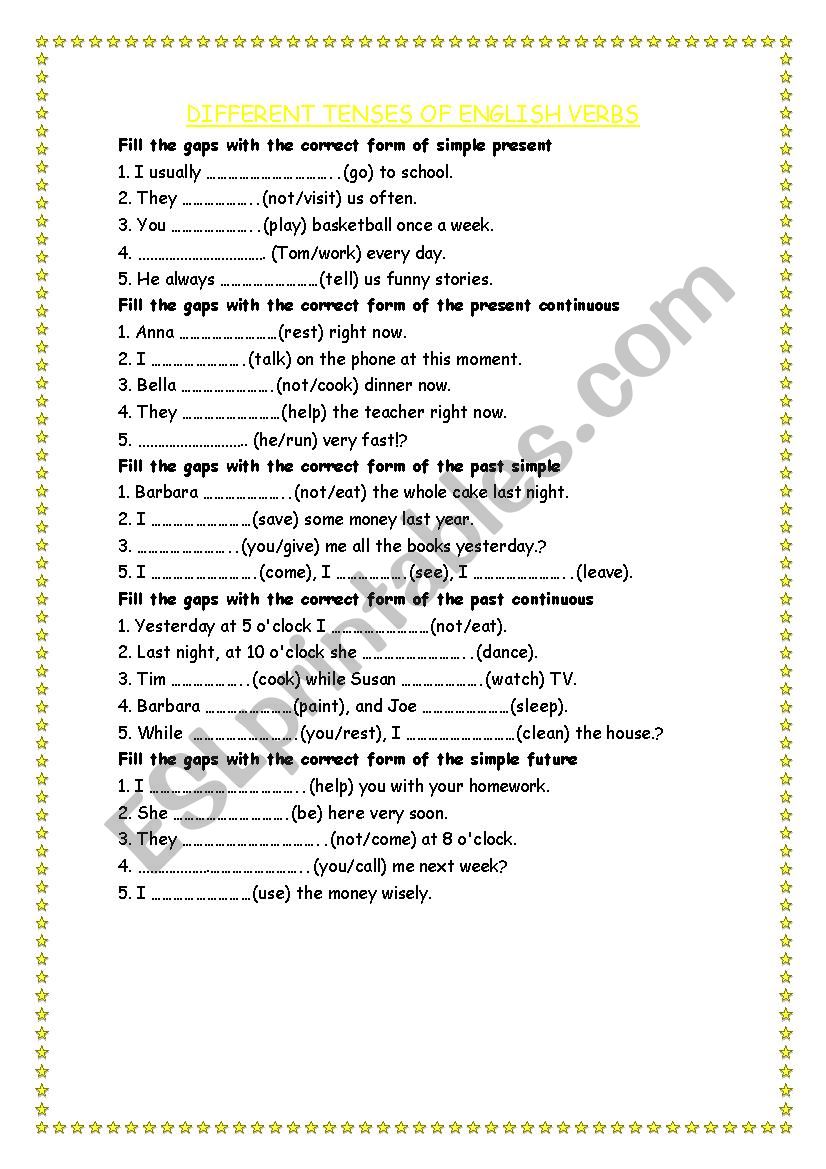 verb tenses worksheet