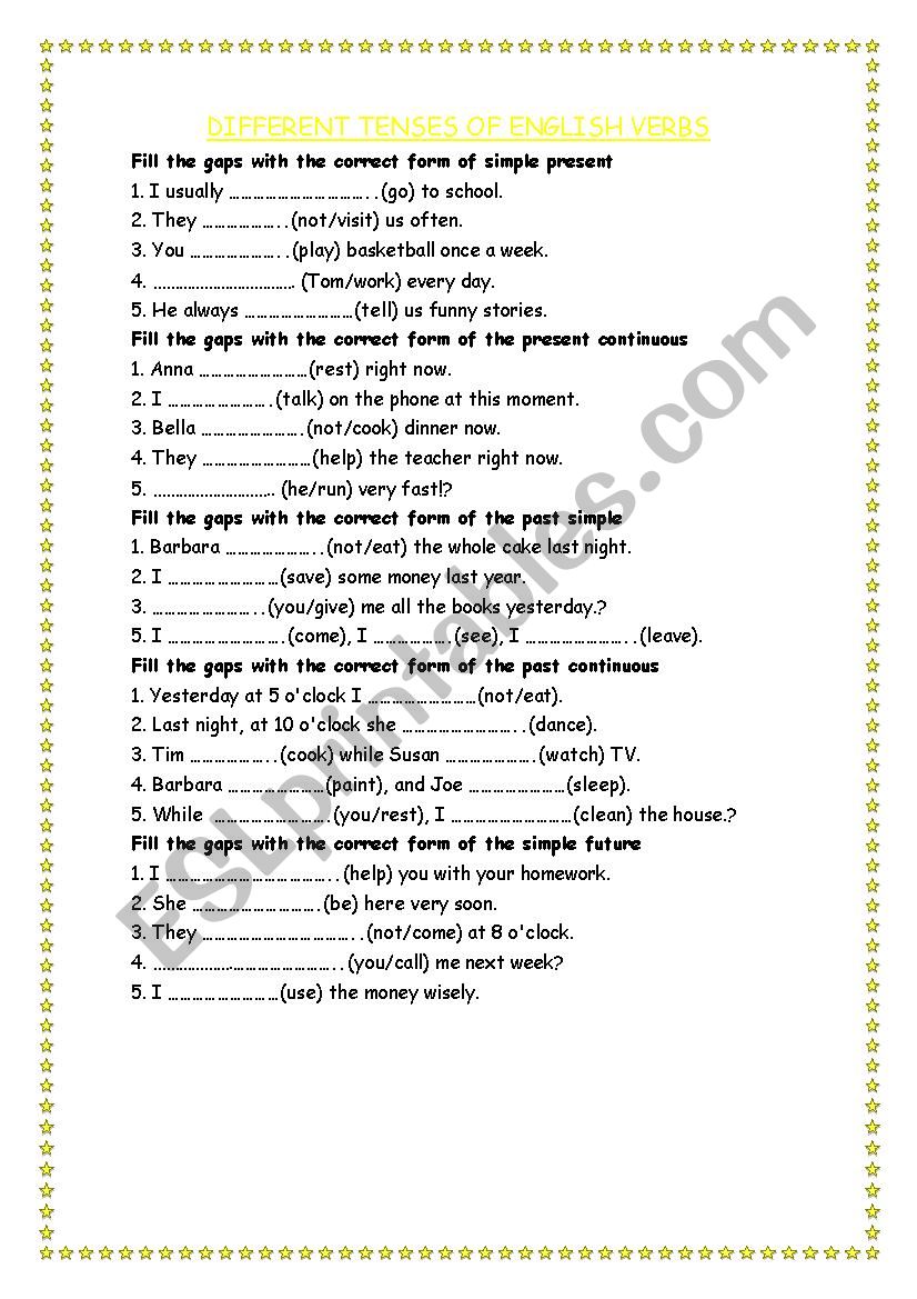 verb tenses worksheet