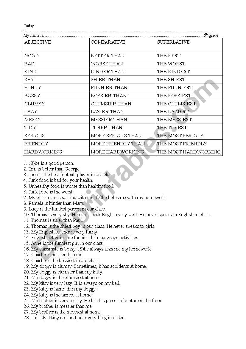 ADJECTIVE COMPARATIVE SUPERLATIVE TABLE AND EXAMPLES