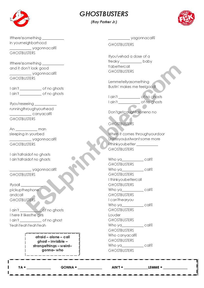 SONG - GHOSTBUSTERS worksheet