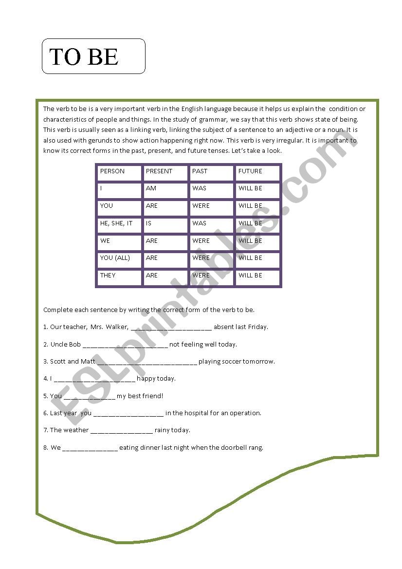 verb to be worksheet