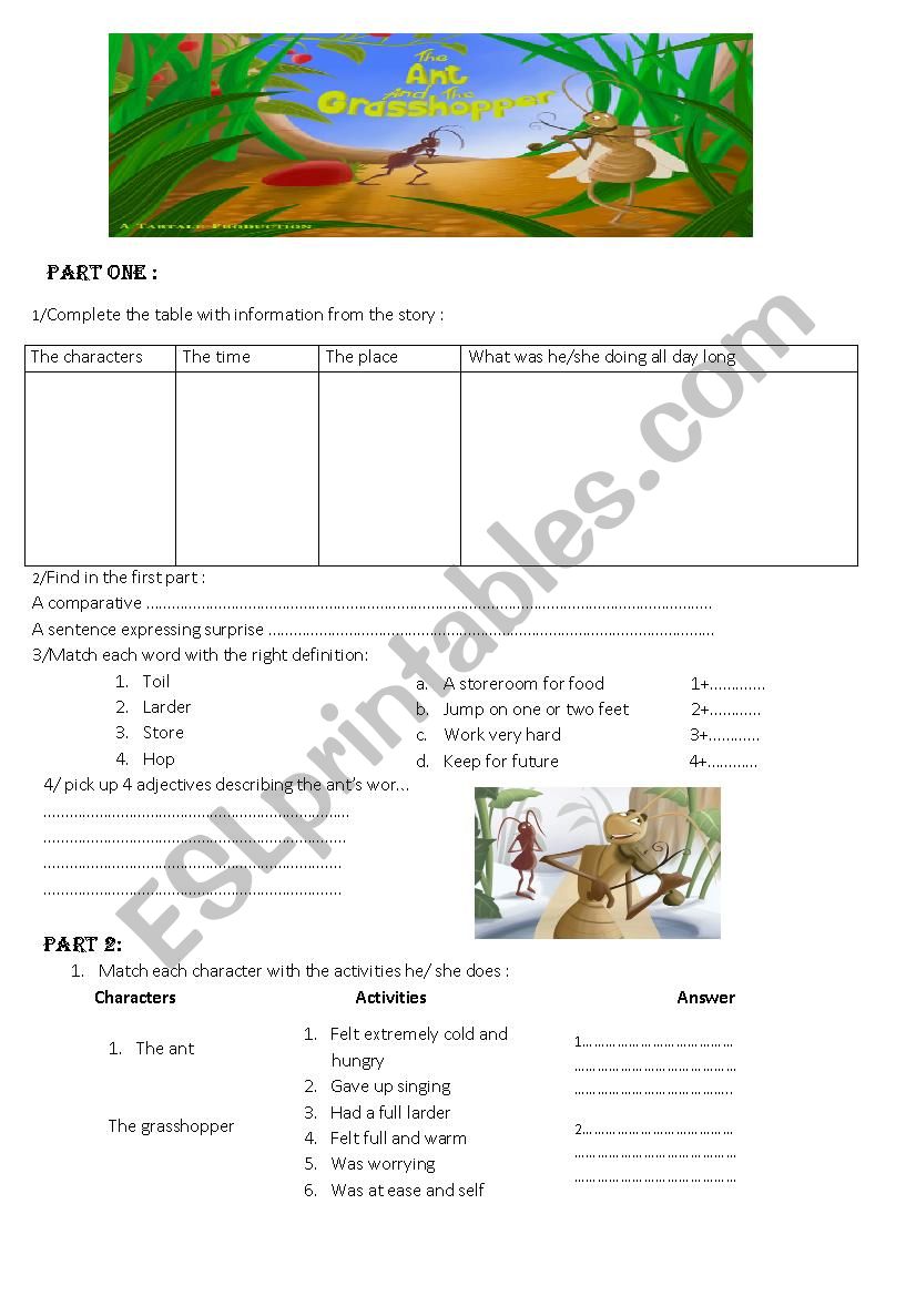 The ant and the grasshoper worksheet